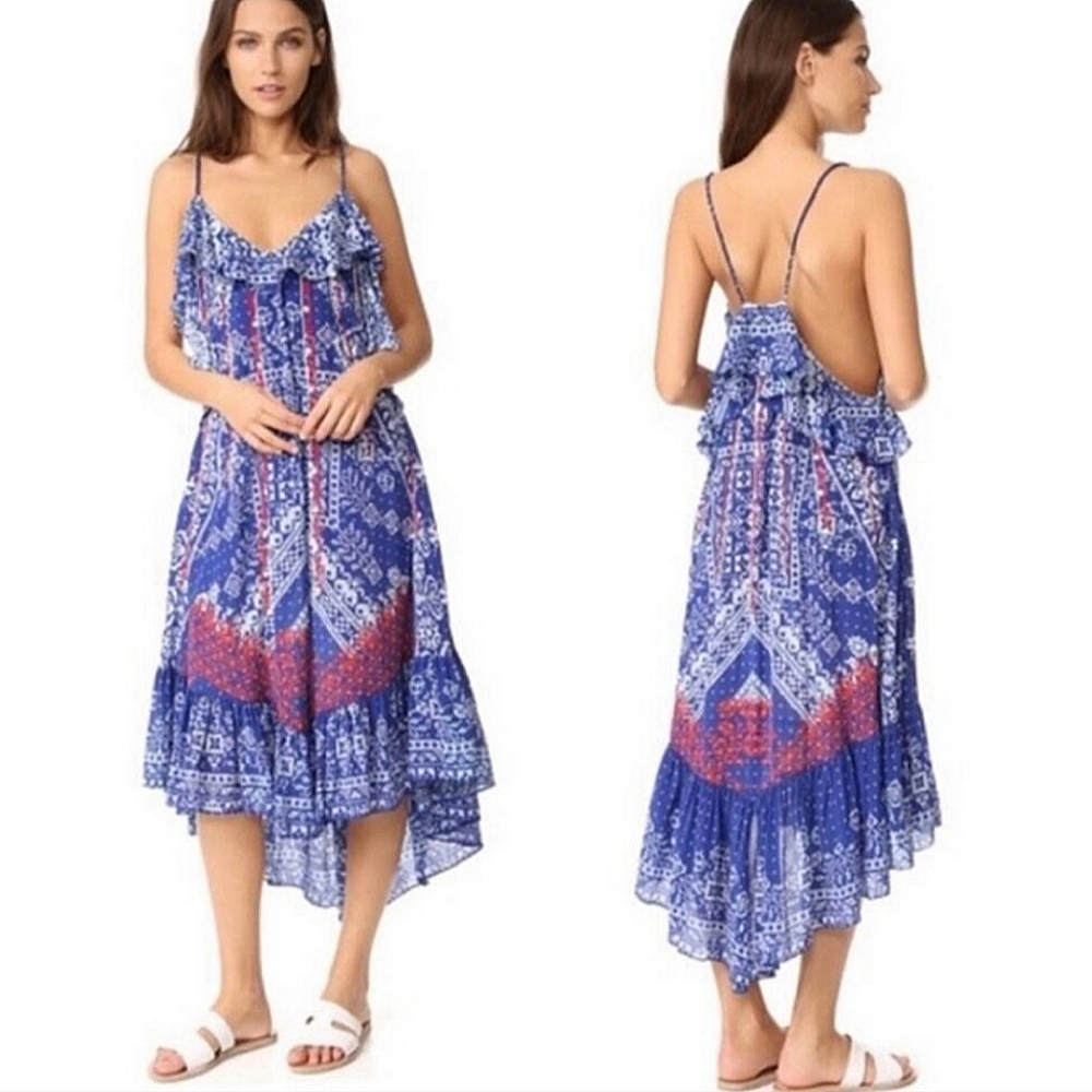 Rococo Sand XS Blue White Red Silk Midi Embroidered Sundress Twisted V-neck Tank
